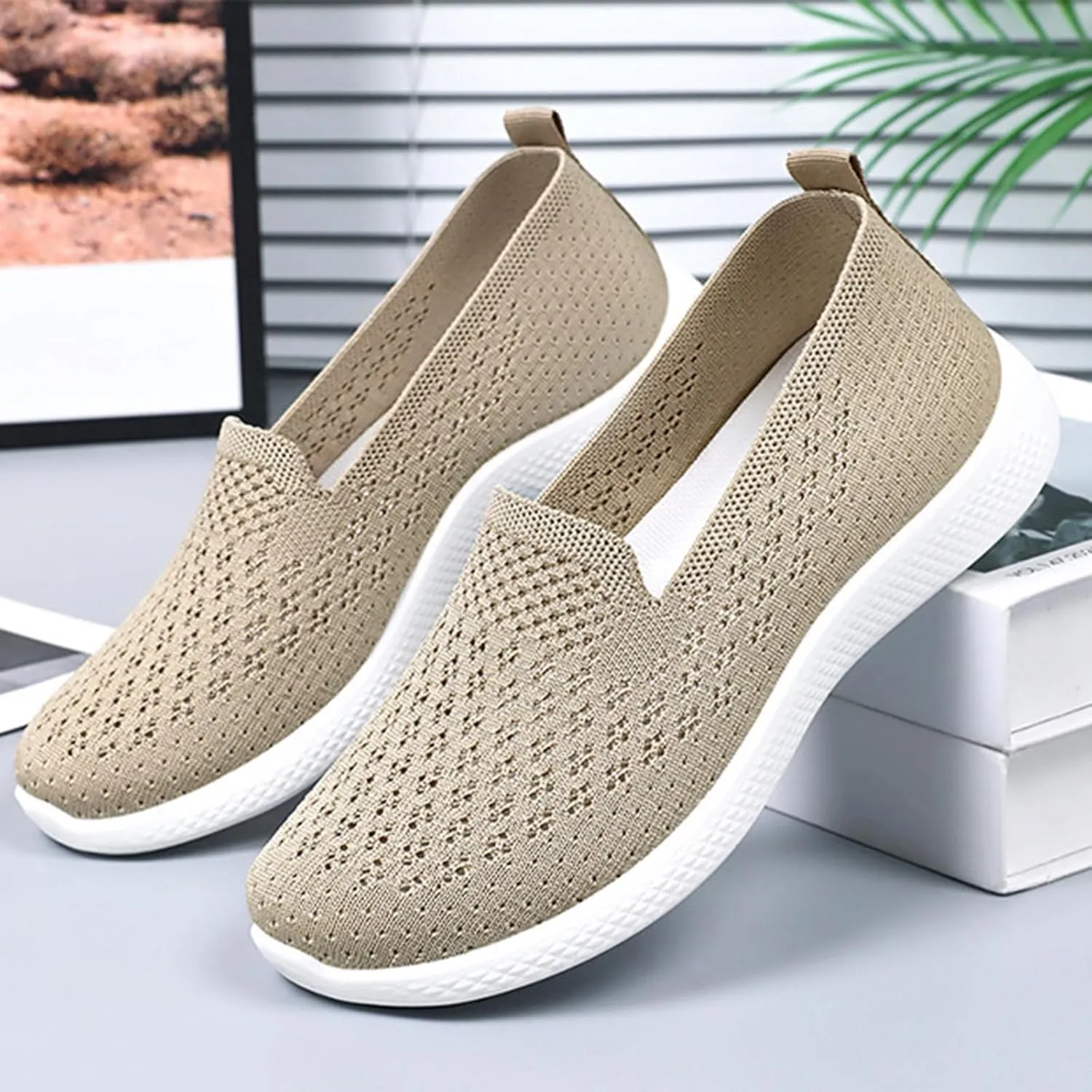 Women's Hollow Knitted Slip On Walking Shoes Comfortable Breathable Mesh Nurse Shoes Memory Foam Casual Non-Slip Sneakers