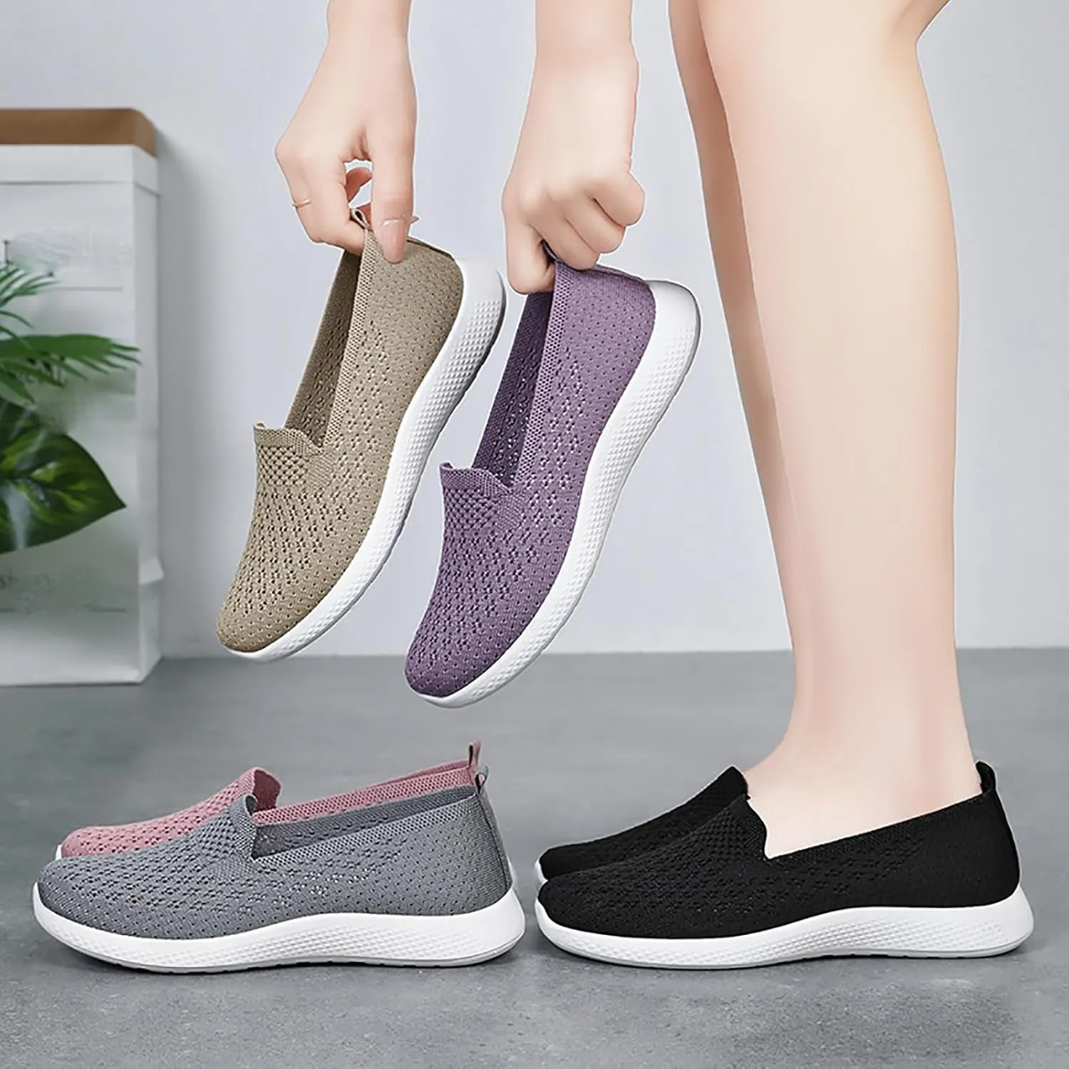 Women's Hollow Knitted Slip On Walking Shoes Comfortable Breathable Mesh Nurse Shoes Memory Foam Casual Non-Slip Sneakers