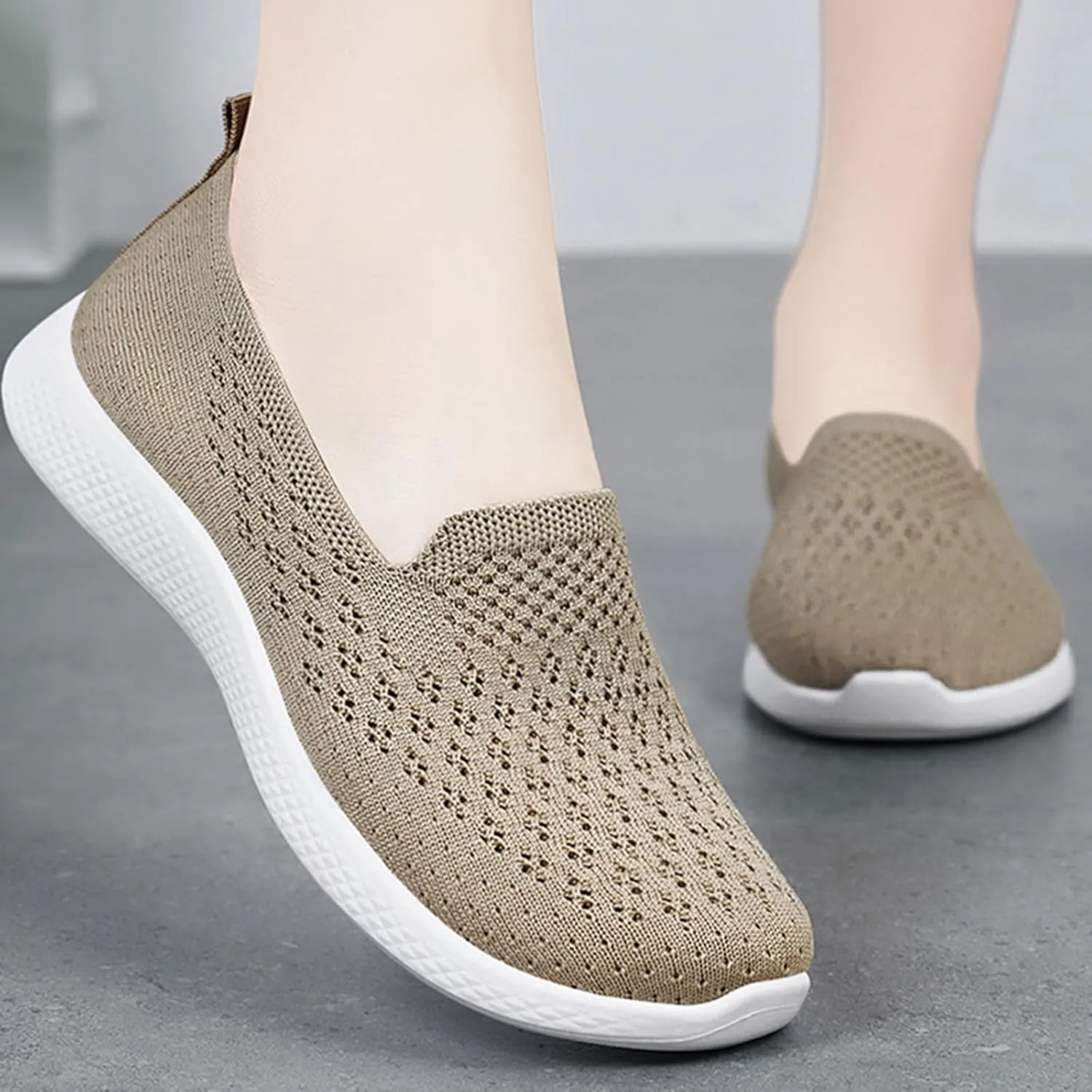 Women's Hollow Knitted Slip On Walking Shoes Comfortable Breathable Mesh Nurse Shoes Memory Foam Casual Non-Slip Sneakers