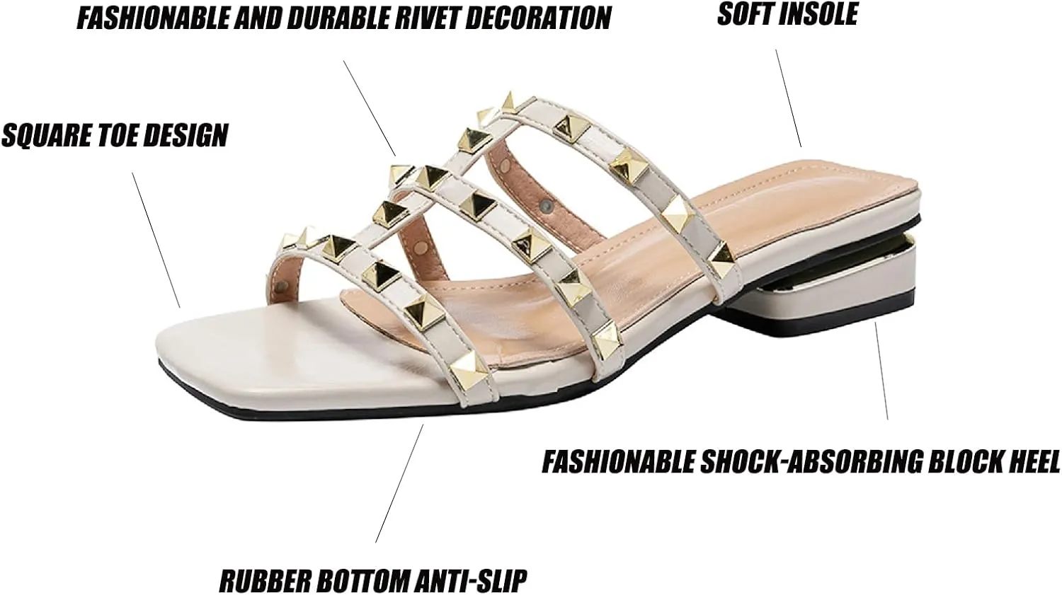 Women's Leather E-Strap Low Block Heel Slide Sandal Summer Slip On Square Open Toe Anti-Slip Fashion Flat Gladiator Dress Slides for Party Walking Sandal
