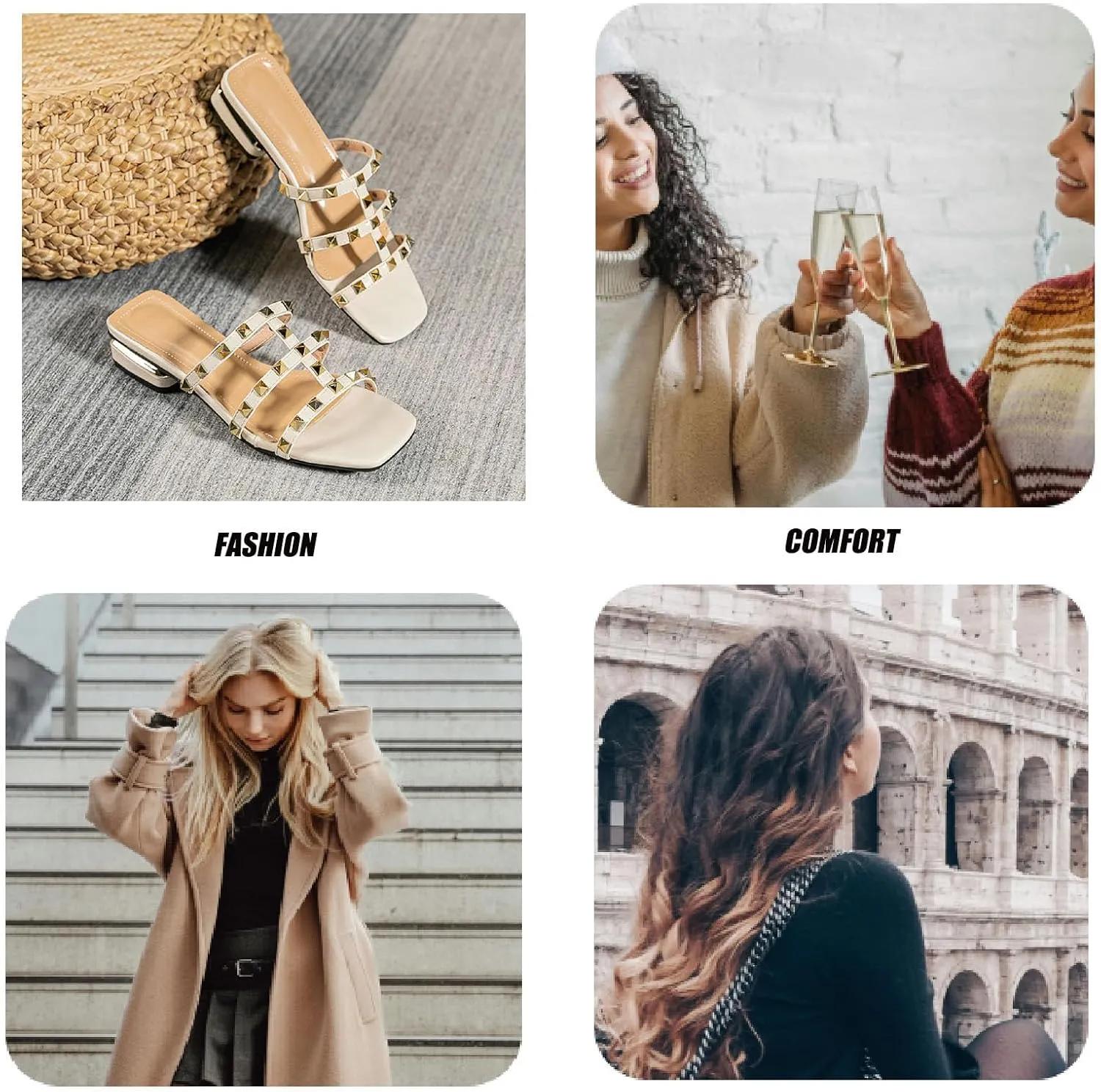 Women's Leather E-Strap Low Block Heel Slide Sandal Summer Slip On Square Open Toe Anti-Slip Fashion Flat Gladiator Dress Slides for Party Walking Sandal