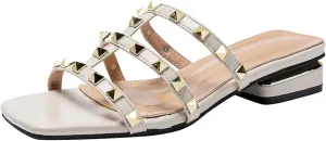 Women's Leather E-Strap Low Block Heel Slide Sandal Summer Slip On Square Open Toe Anti-Slip Fashion Flat Gladiator Dress Slides for Party Walking Sandal