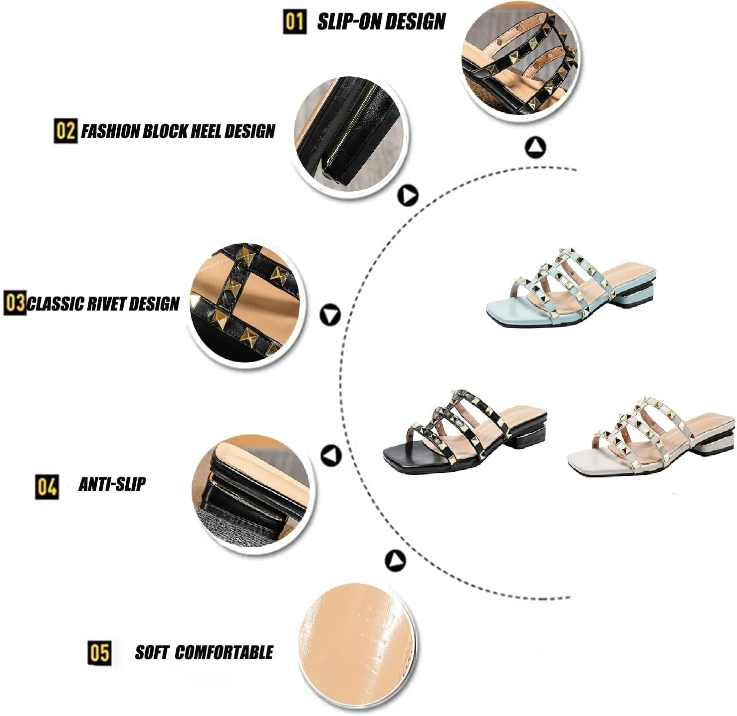 Women's Leather E-Strap Low Block Heel Slide Sandal Summer Slip On Square Open Toe Anti-Slip Fashion Flat Gladiator Dress Slides for Party Walking Sandal