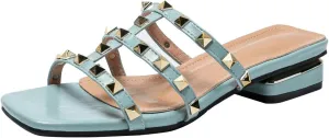 Women's Leather E-Strap Low Block Heel Slide Sandal Summer Slip On Square Open Toe Anti-Slip Fashion Flat Gladiator Dress Slides for Party Walking Sandal