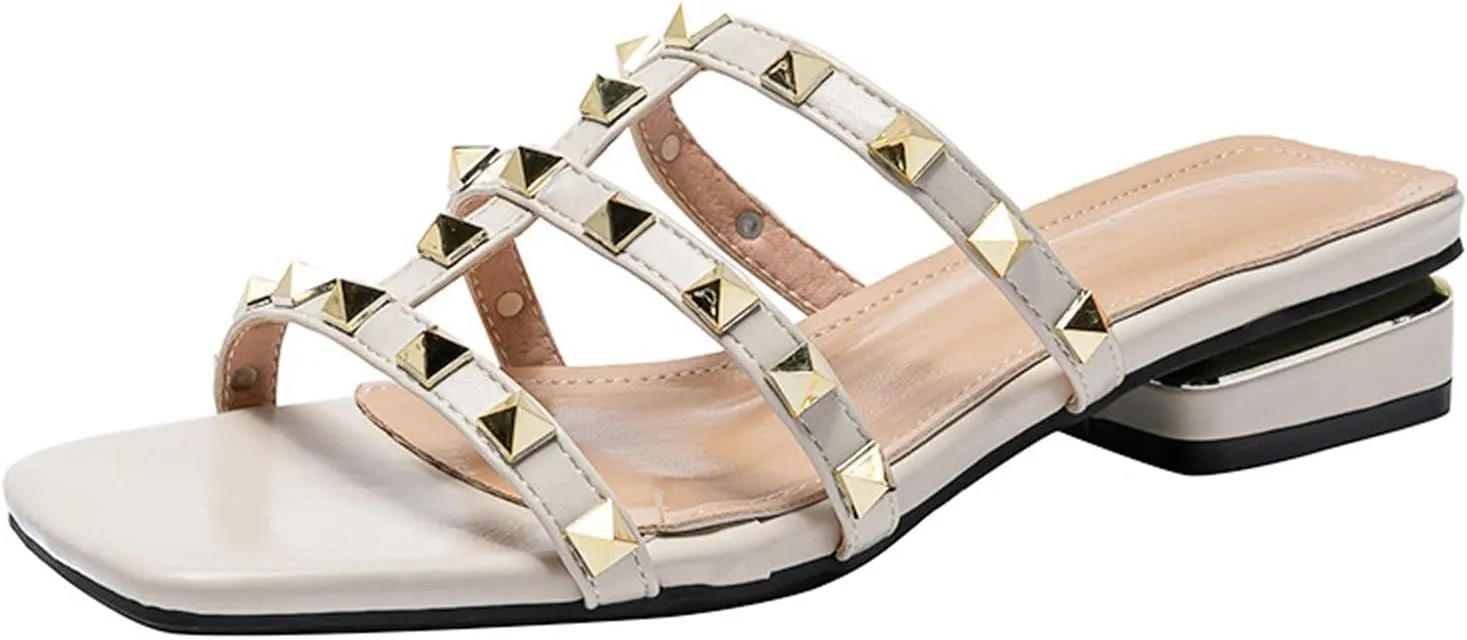 Women's Leather E-Strap Low Block Heel Slide Sandal Summer Slip On Square Open Toe Anti-Slip Fashion Flat Gladiator Dress Slides for Party Walking Sandal