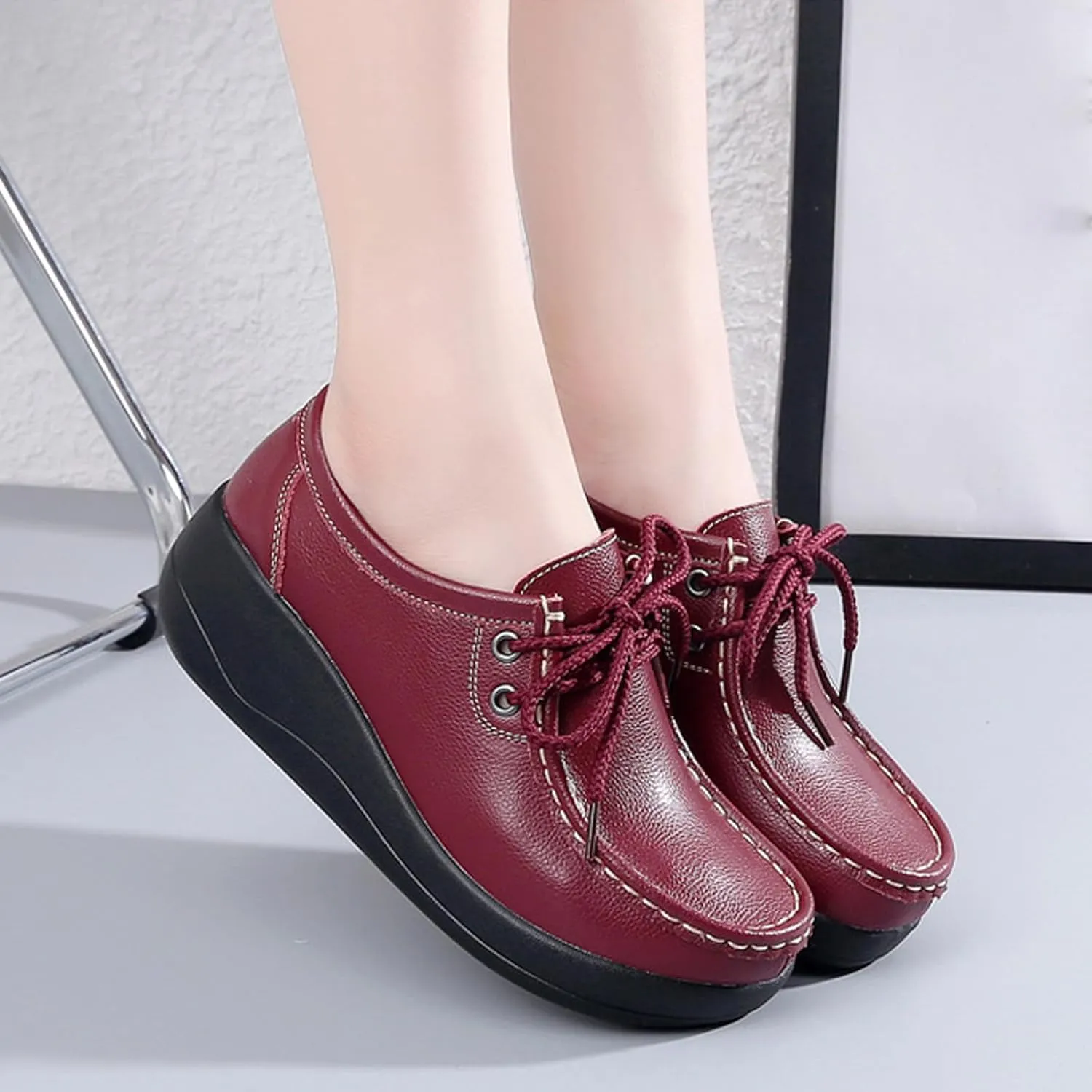 Women's Leather Lace up Slip On Platform Loafers,Comfortable Arch Support Round Toe Wedge Moccasins Non-Slip Increase Height Nurse Work Shoes