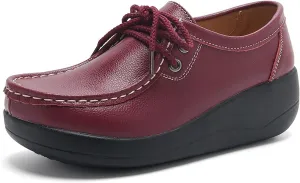 Women's Leather Lace up Slip On Platform Loafers,Comfortable Arch Support Round Toe Wedge Moccasins Non-Slip Increase Height Nurse Work Shoes