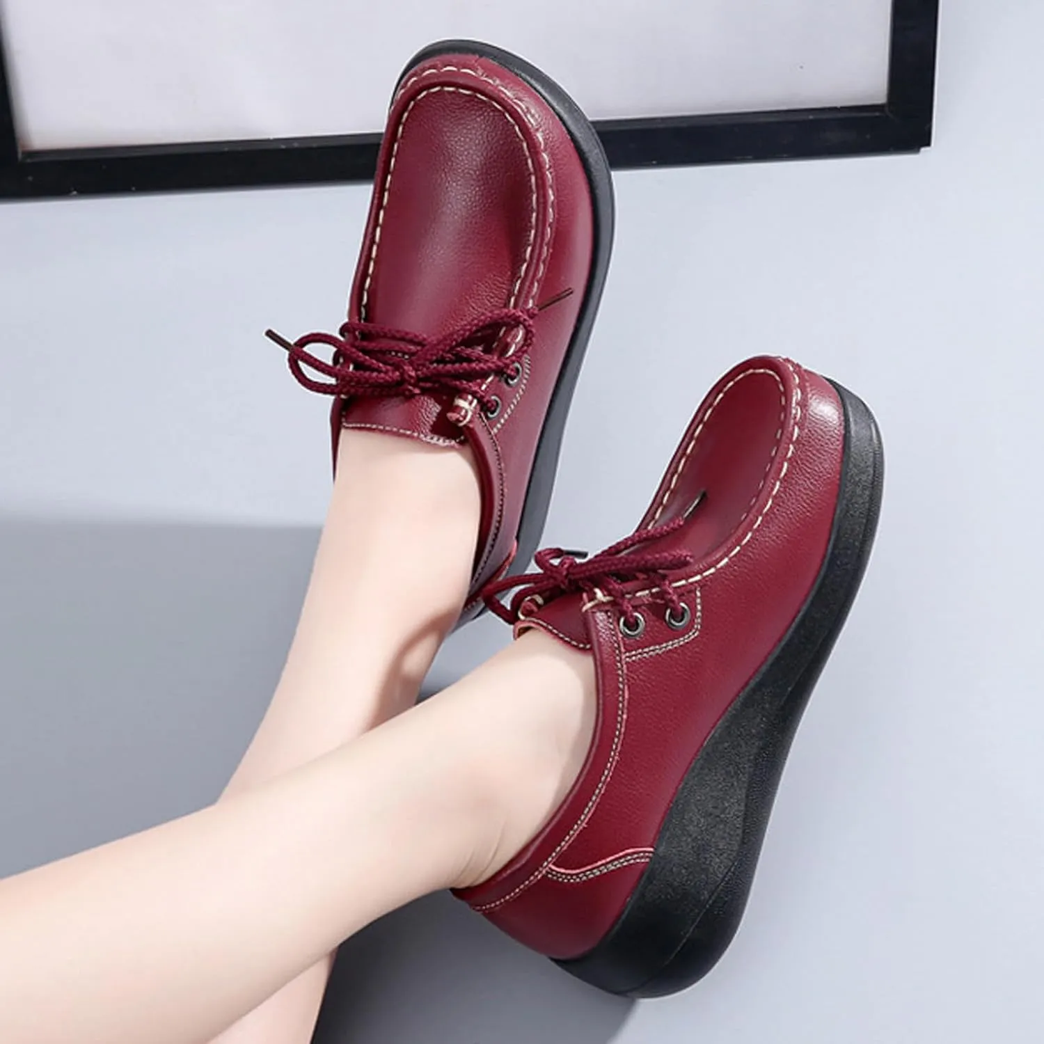 Women's Leather Lace up Slip On Platform Loafers,Comfortable Arch Support Round Toe Wedge Moccasins Non-Slip Increase Height Nurse Work Shoes