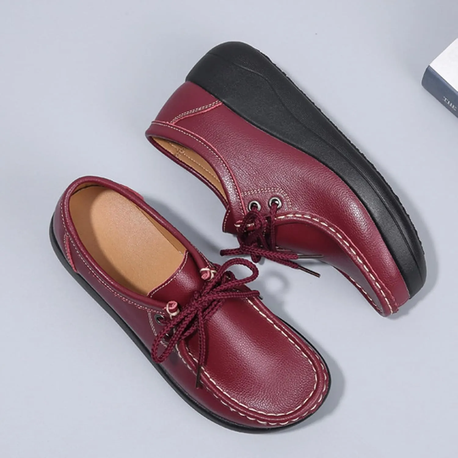 Women's Leather Lace up Slip On Platform Loafers,Comfortable Arch Support Round Toe Wedge Moccasins Non-Slip Increase Height Nurse Work Shoes