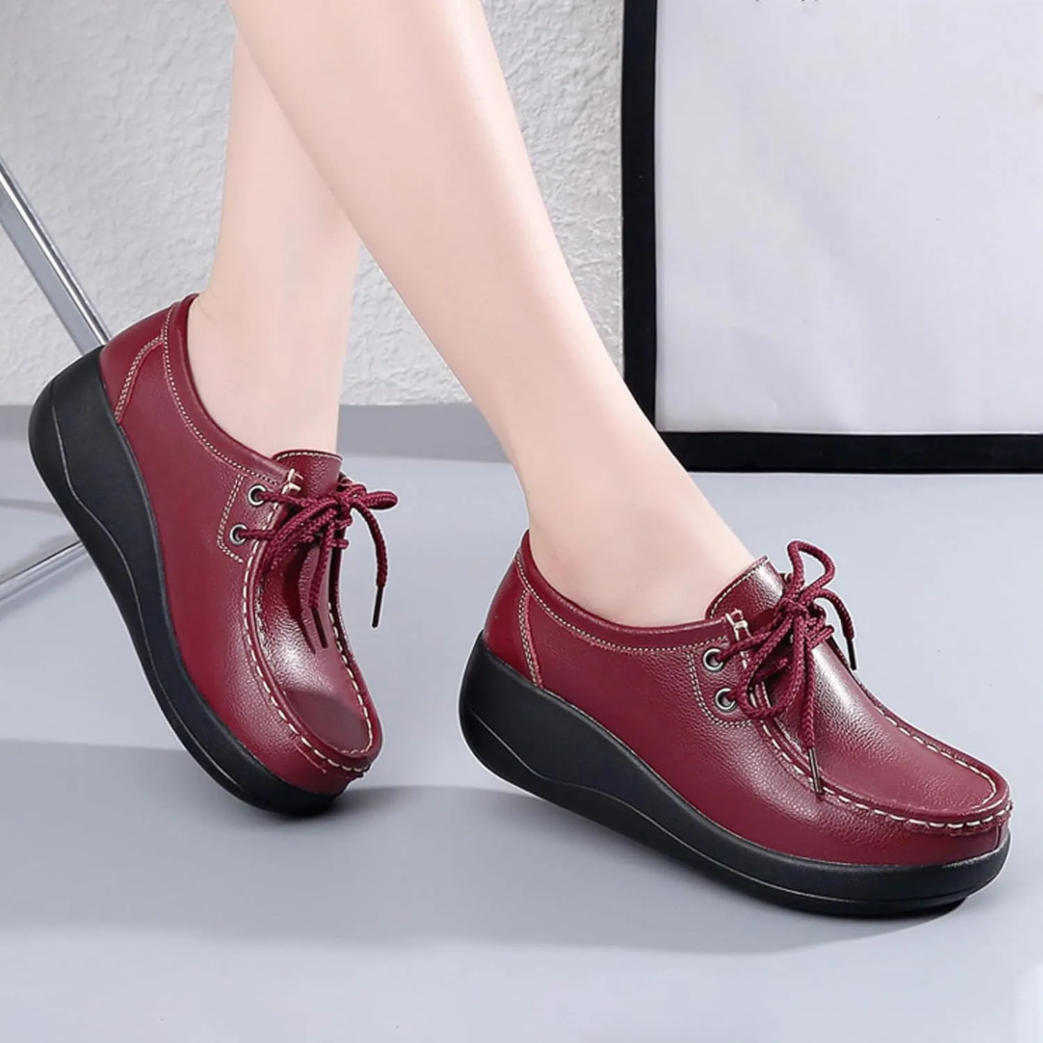 Women's Leather Lace up Slip On Platform Loafers,Comfortable Arch Support Round Toe Wedge Moccasins Non-Slip Increase Height Nurse Work Shoes