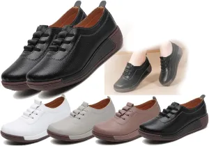 Women's Leather Lace up Slip On Platform Loafers,Comfortable Arch Support Round Toe Wedge Non-Slip Increase Wide Low Top Casual Platform Shoes
