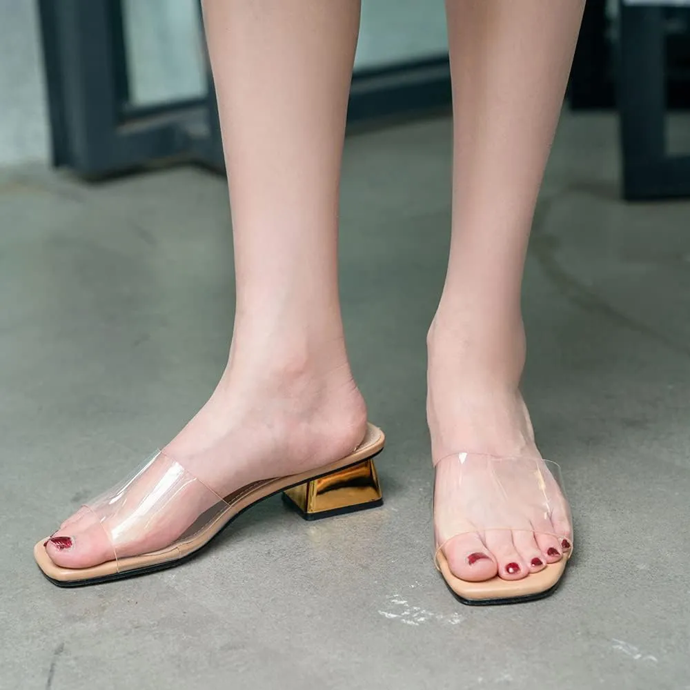 Women's Low Heel Clear Mule Sandal Square Toe Transparent Dress Sandal
