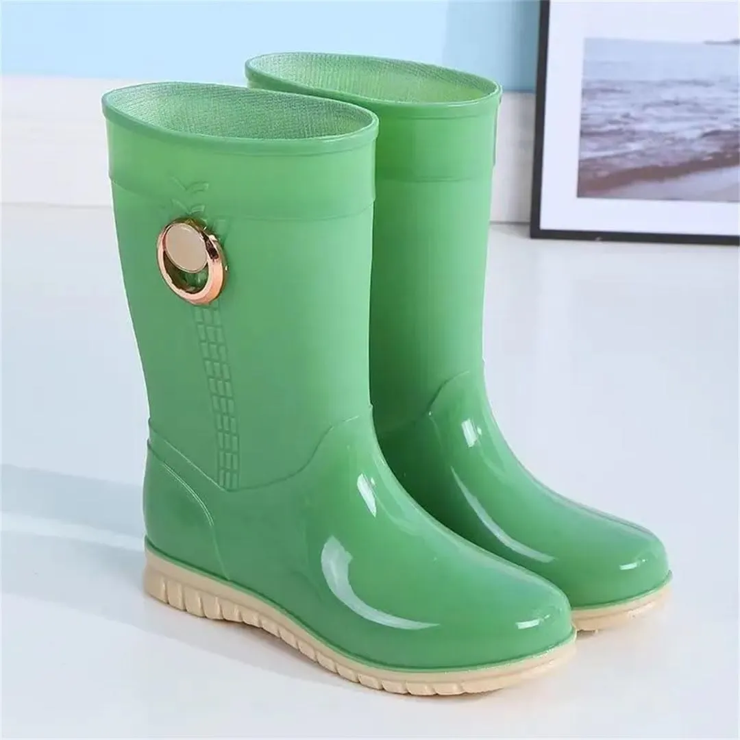 Women's Mid-Calf Rain Boots Flat Sole Non Slip Waterproof Cotton Cover Slip On Outdoor Work Garden Shoes