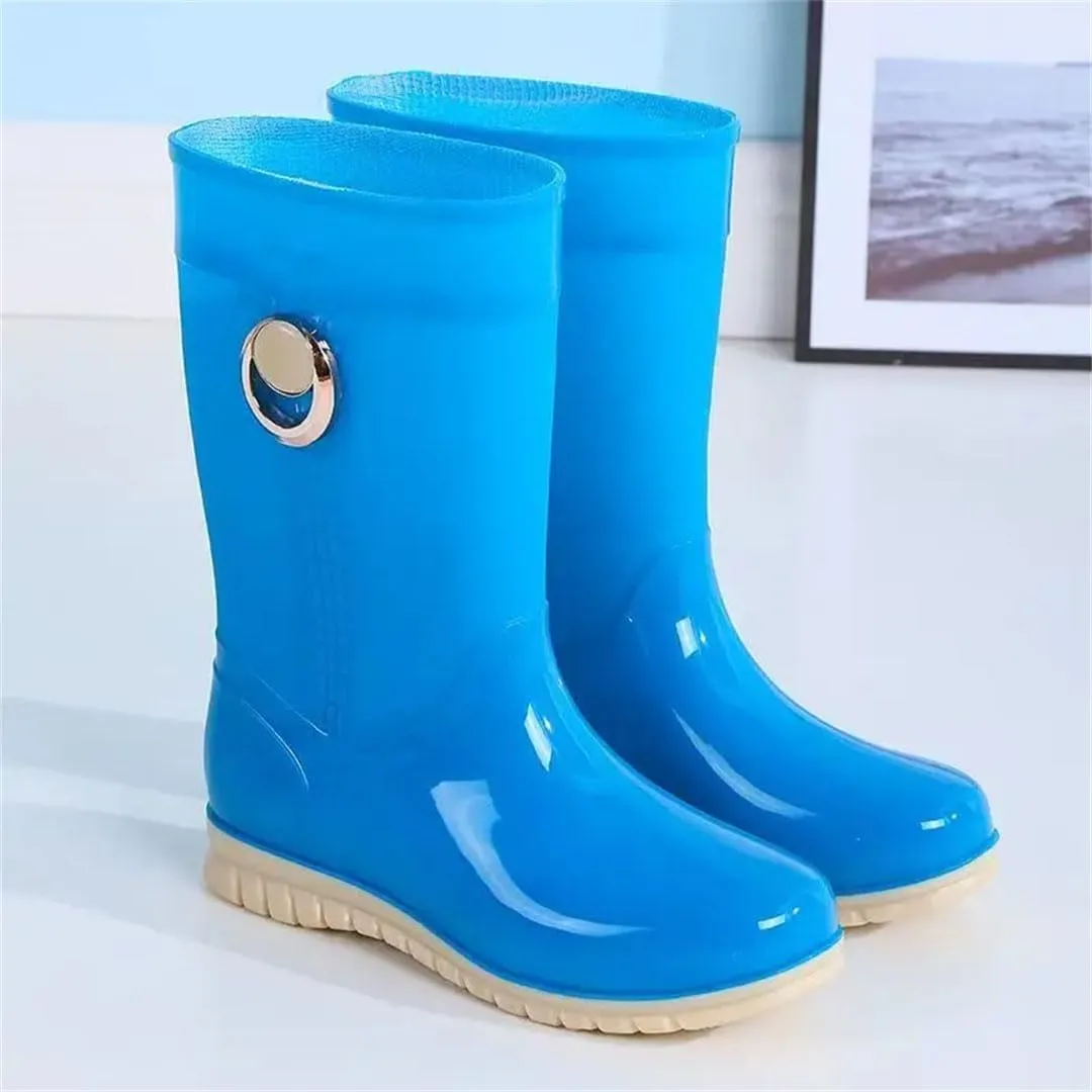 Women's Mid-Calf Rain Boots Flat Sole Non Slip Waterproof Cotton Cover Slip On Outdoor Work Garden Shoes