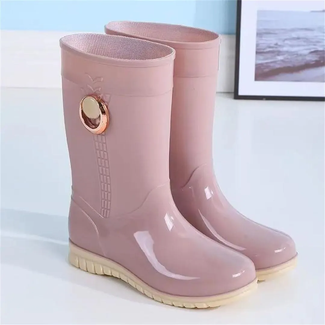 Women's Mid-Calf Rain Boots Flat Sole Non Slip Waterproof Cotton Cover Slip On Outdoor Work Garden Shoes