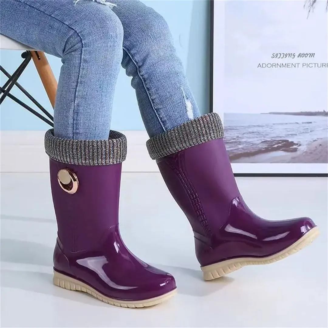 Women's Mid-Calf Rain Boots Flat Sole Non Slip Waterproof Cotton Cover Slip On Outdoor Work Garden Shoes