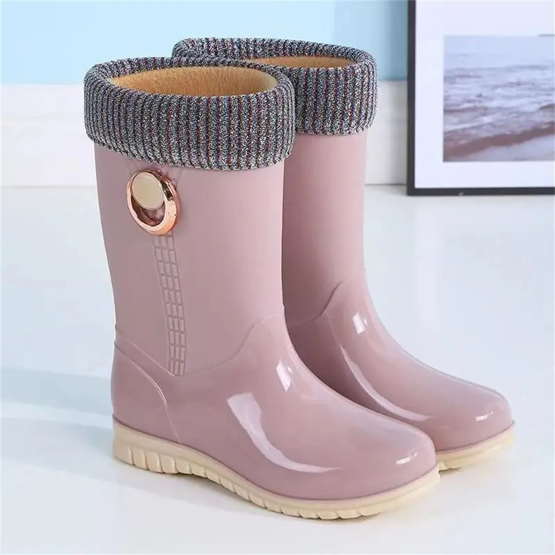 Women's Mid-Calf Rain Boots Flat Sole Non Slip Waterproof Cotton Cover Slip On Outdoor Work Garden Shoes