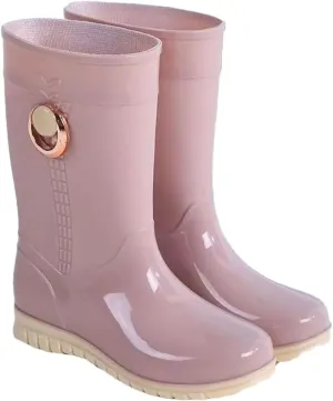 Women's Mid-Calf Rain Boots Flat Sole Non Slip Waterproof Cotton Cover Slip On Outdoor Work Garden Shoes