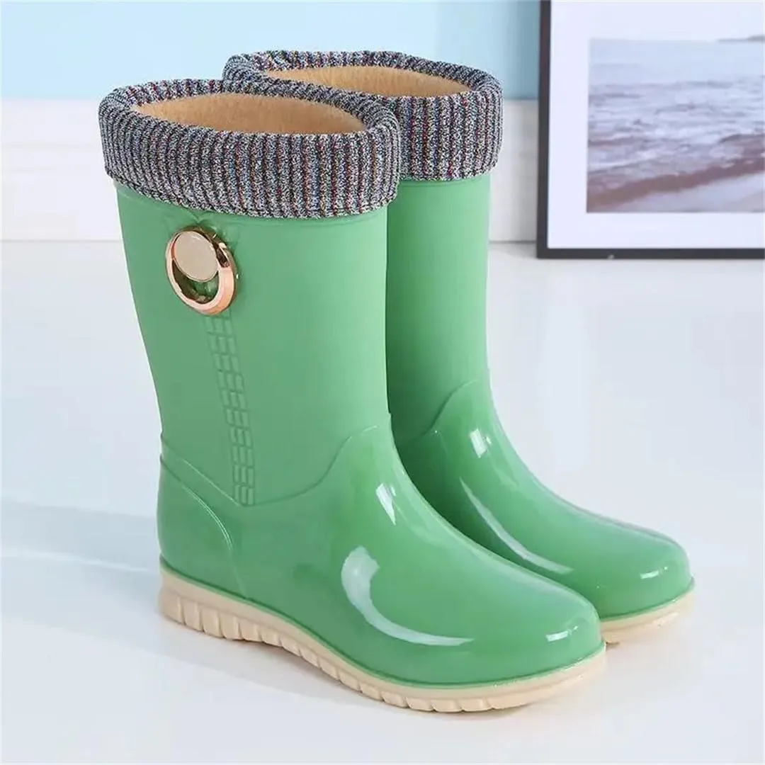 Women's Mid-Calf Rain Boots Flat Sole Non Slip Waterproof Cotton Cover Slip On Outdoor Work Garden Shoes