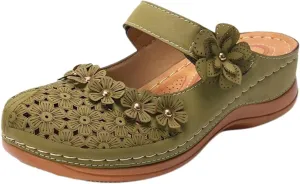 Womens Mule Closed Toe Slip On Clogs Mules Shoes for Women Dressy Summer Casual Wedge Sandals with Adjustable Hook Loop Comfortable Low Heel Orthopedic Sandal Round Head Anti-Slip Soft Bottom Footwear