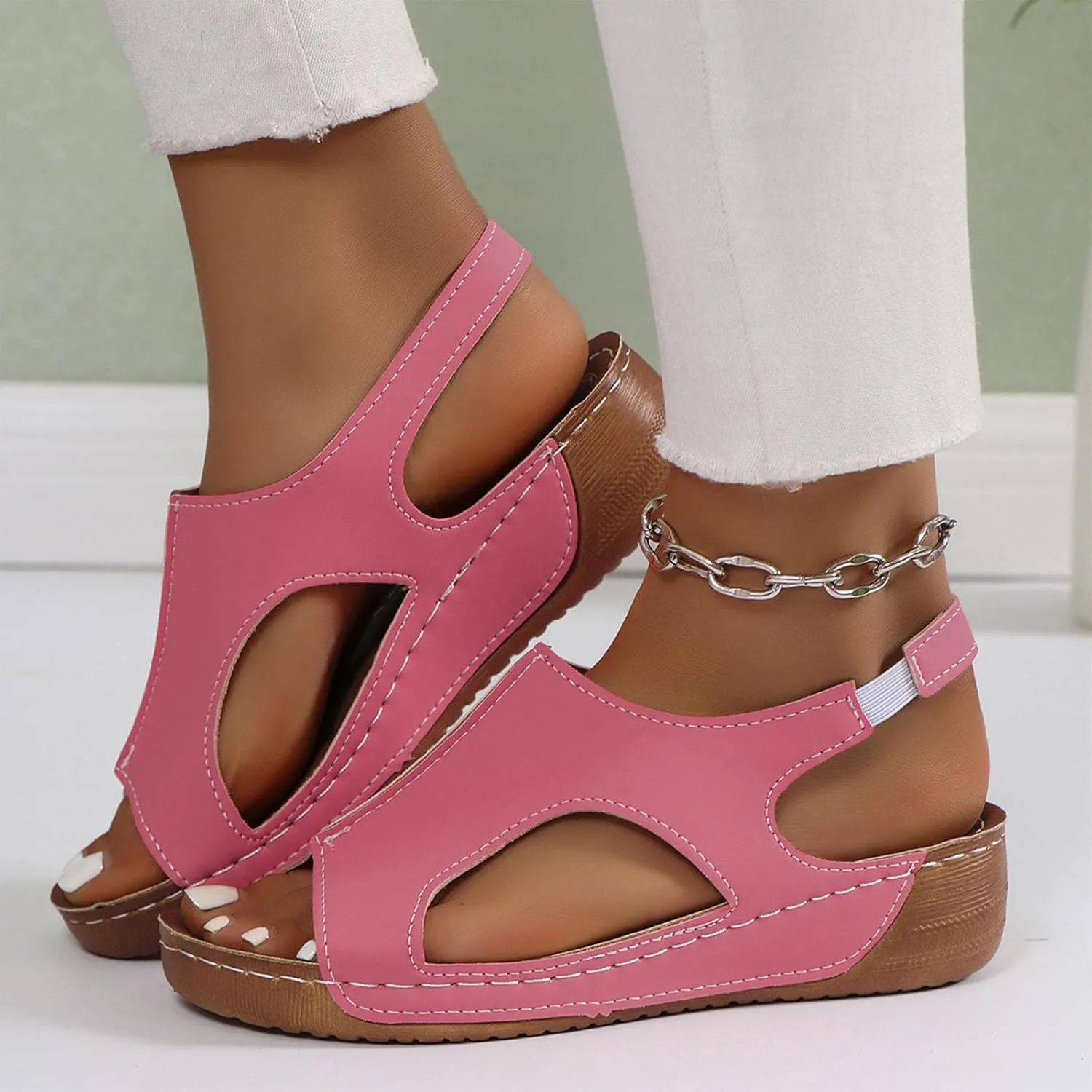Womens Orthopedic Slide Sandals Elastic Ankle Strap Platform Stylish Toe Slip on Open Toe Walking Sandals for Summer