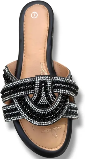 Women's Pearl Embellished Slide Sandals, Flat Comfort Slippers, 3 Colors - Black, White, Beige