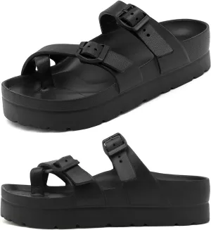 Womens Platform Sandals with Arch Support, Adjustable Buckle Beach Sandal Woman Comfort Lightweight Ultra Cushion EVA Slides