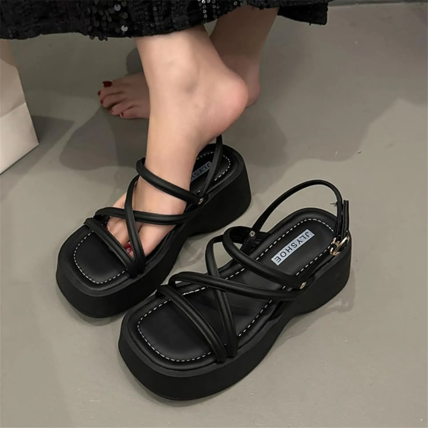 Women's Platform Wedge Chunky Heels Sandals with Adjustable Ankle Strap Summer Open Square Toe Boho Y2K Roman Sandals for Work Party Dress Walking