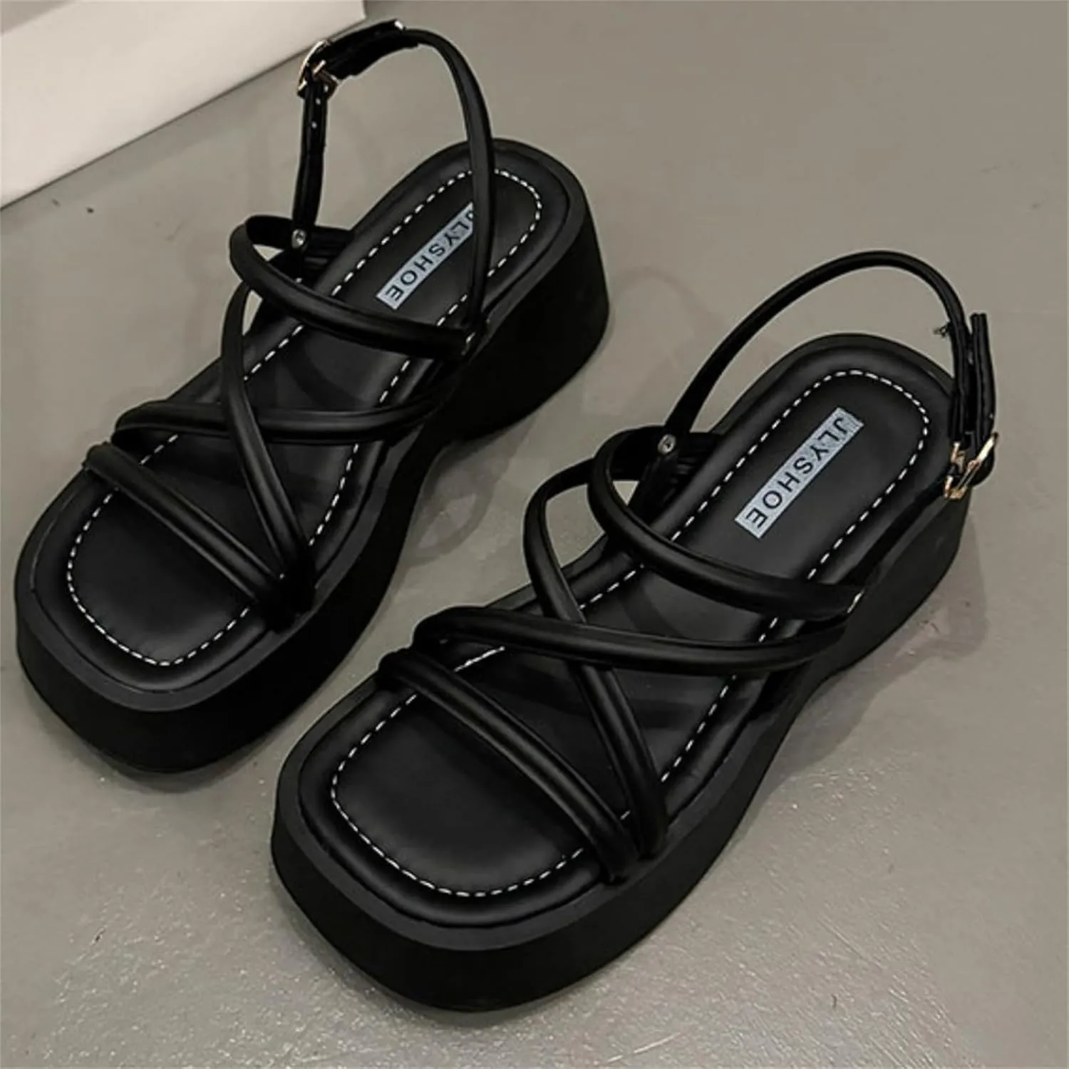 Women's Platform Wedge Chunky Heels Sandals with Adjustable Ankle Strap Summer Open Square Toe Boho Y2K Roman Sandals for Work Party Dress Walking