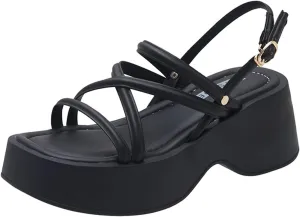 Women's Platform Wedge Chunky Heels Sandals with Adjustable Ankle Strap Summer Open Square Toe Boho Y2K Roman Sandals for Work Party Dress Walking