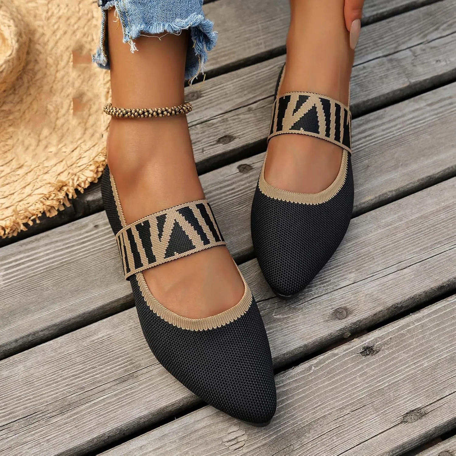 Womens Pointed Toe Flats Knit Dress Shoes Comfort Women Shoes Slip On Shoes Classic Softable Shoes Business Work Shoes