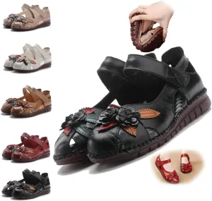 Women's retro genuine leather hollow flower sandals, comfortable closed toe design, adjustable ankle strap, soft and non-slip flat sandals, suitable for summer beach vacations