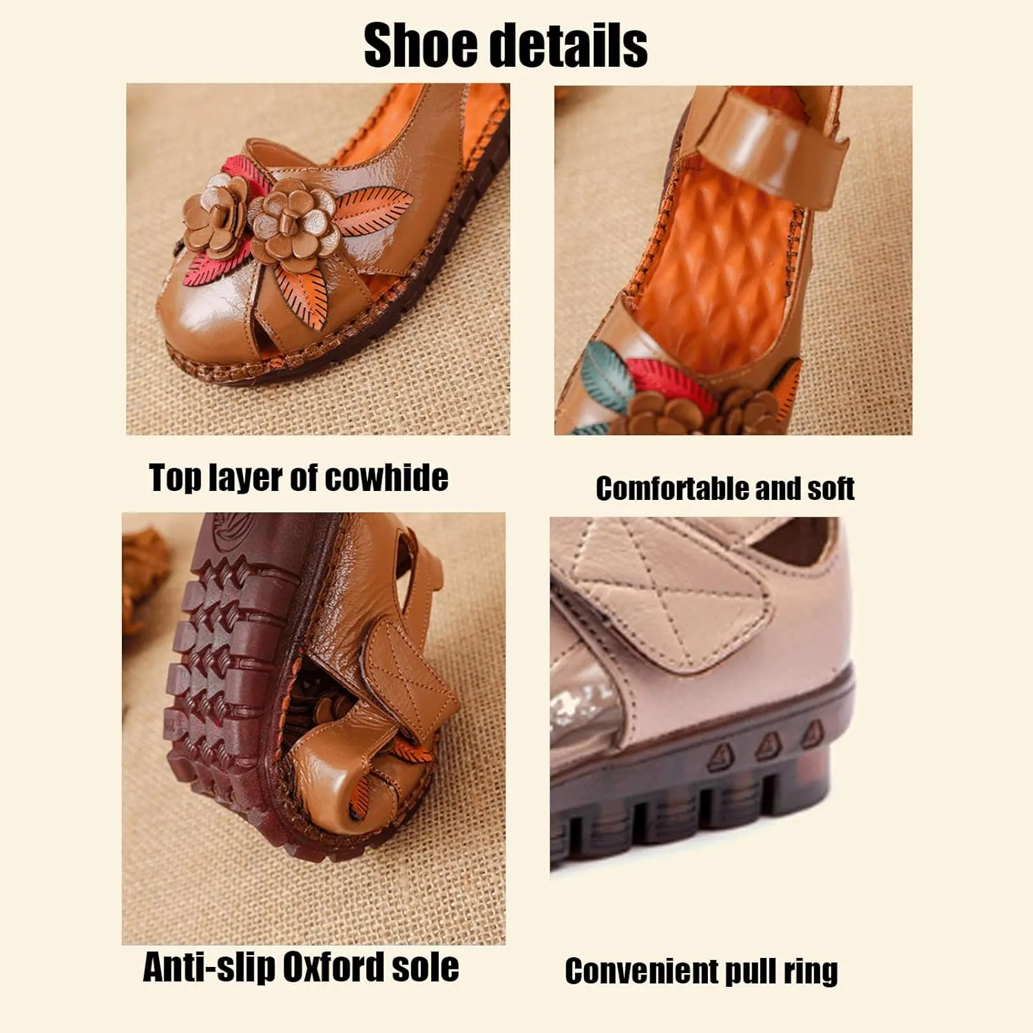 Women's retro genuine leather hollow flower sandals, comfortable closed toe design, adjustable ankle strap, soft and non-slip flat sandals, suitable for summer beach vacations