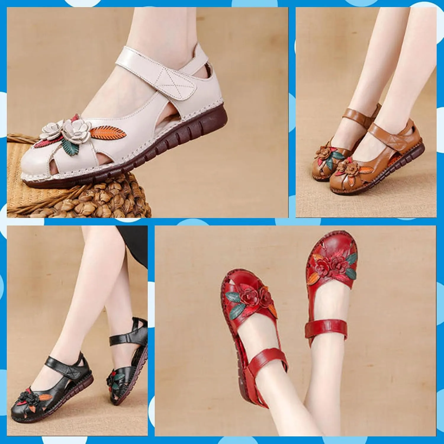 Women's retro genuine leather hollow flower sandals, comfortable closed toe design, adjustable ankle strap, soft and non-slip flat sandals, suitable for summer beach vacations