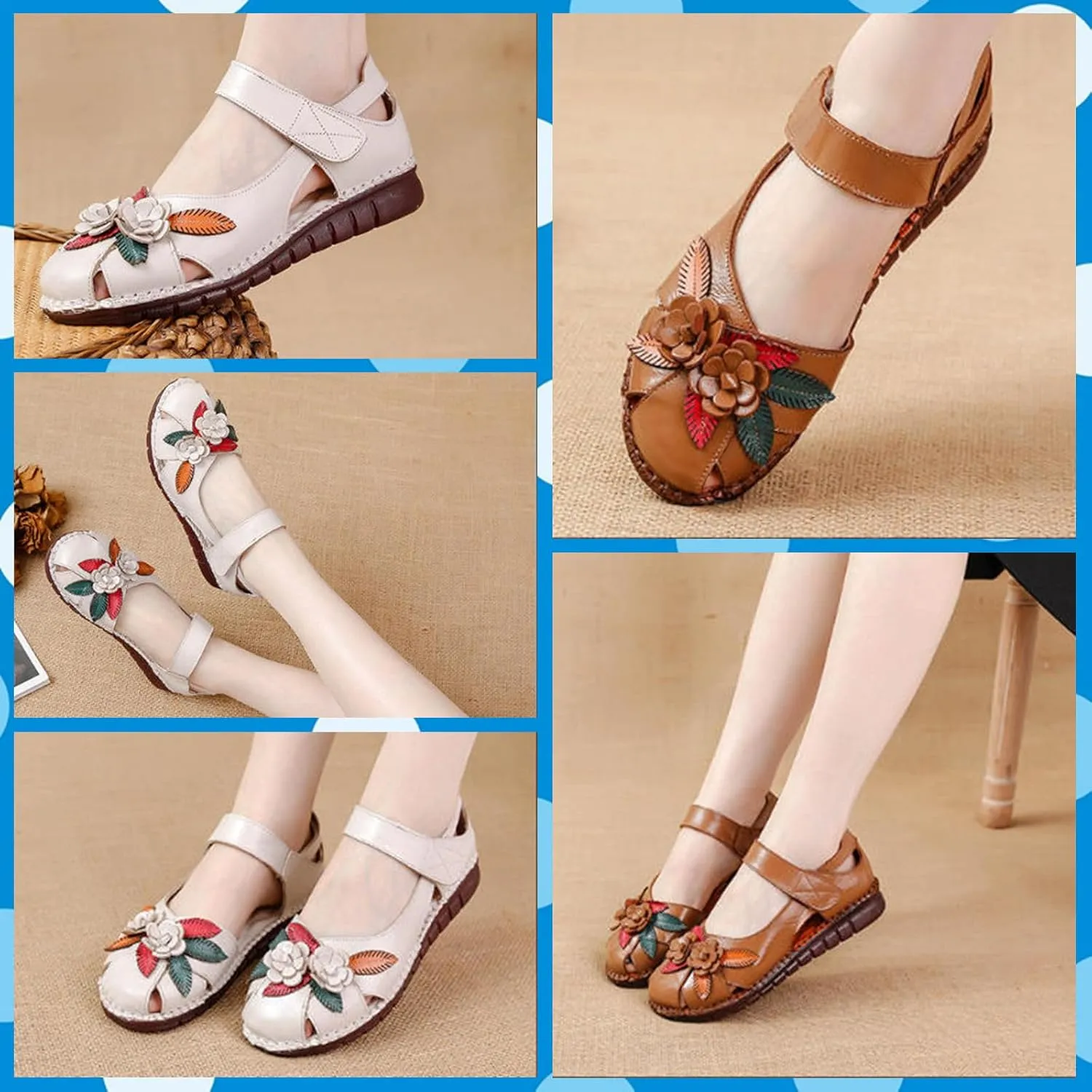Women's retro genuine leather hollow flower sandals, comfortable closed toe design, adjustable ankle strap, soft and non-slip flat sandals, suitable for summer beach vacations