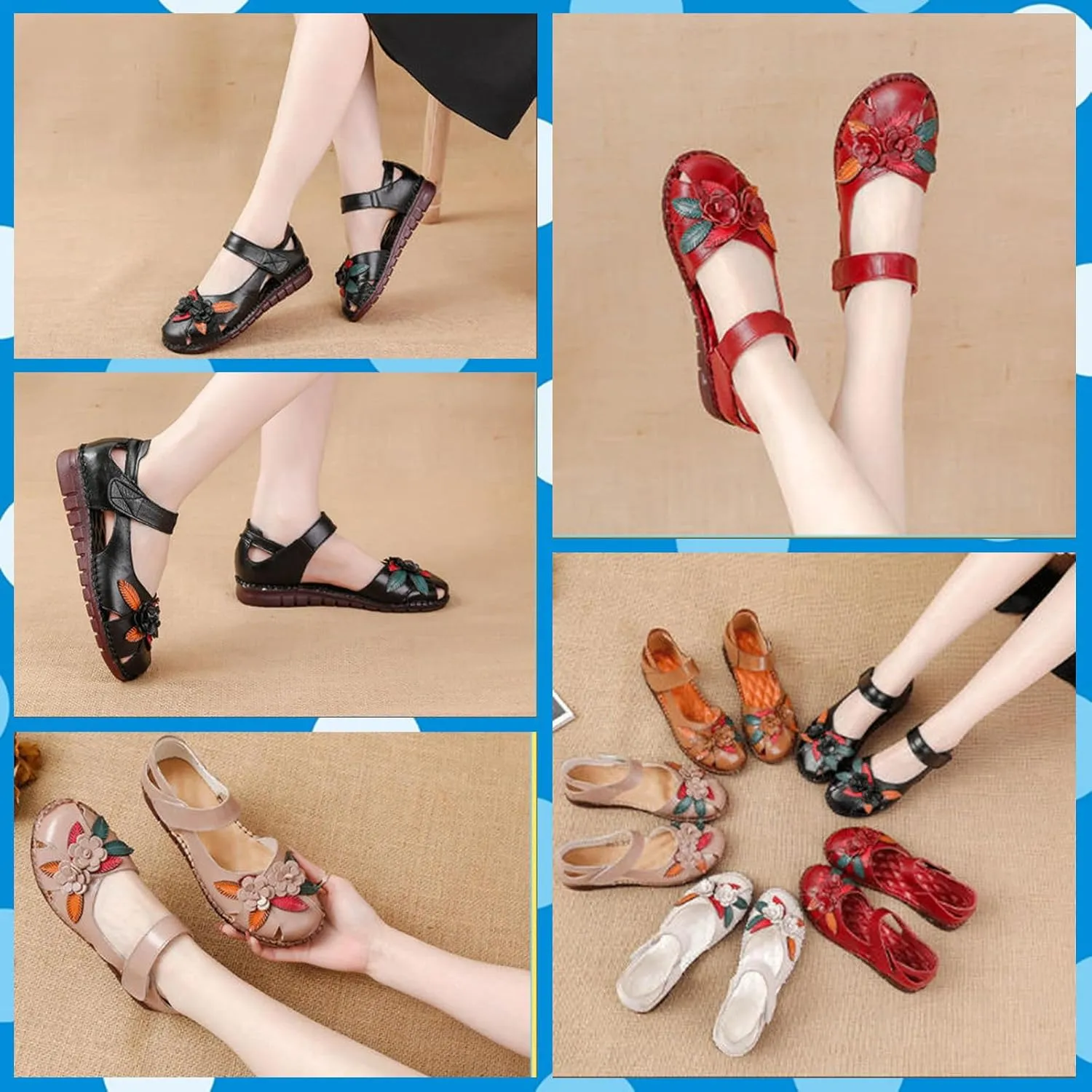 Women's retro genuine leather hollow flower sandals, comfortable closed toe design, adjustable ankle strap, soft and non-slip flat sandals, suitable for summer beach vacations