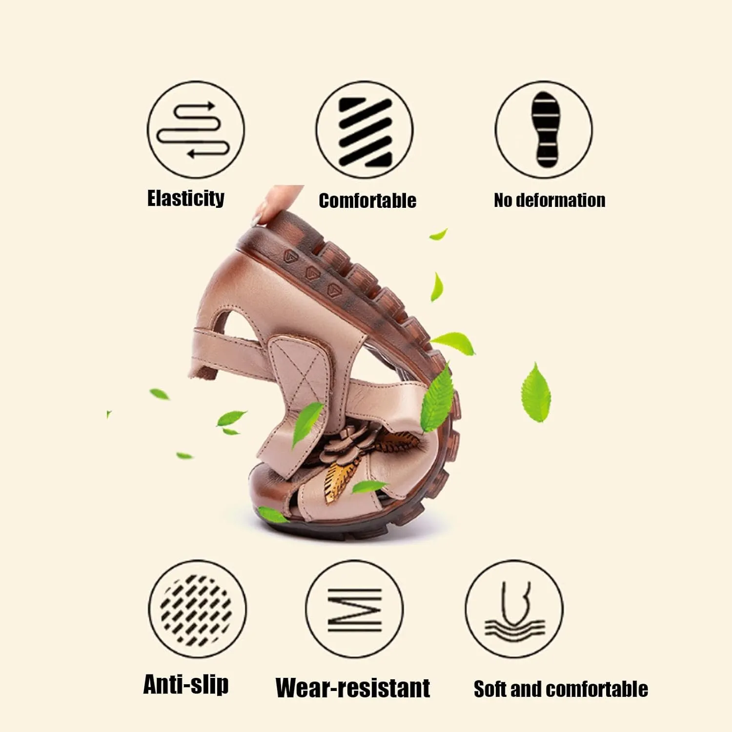Women's retro genuine leather hollow flower sandals, comfortable closed toe design, adjustable ankle strap, soft and non-slip flat sandals, suitable for summer beach vacations