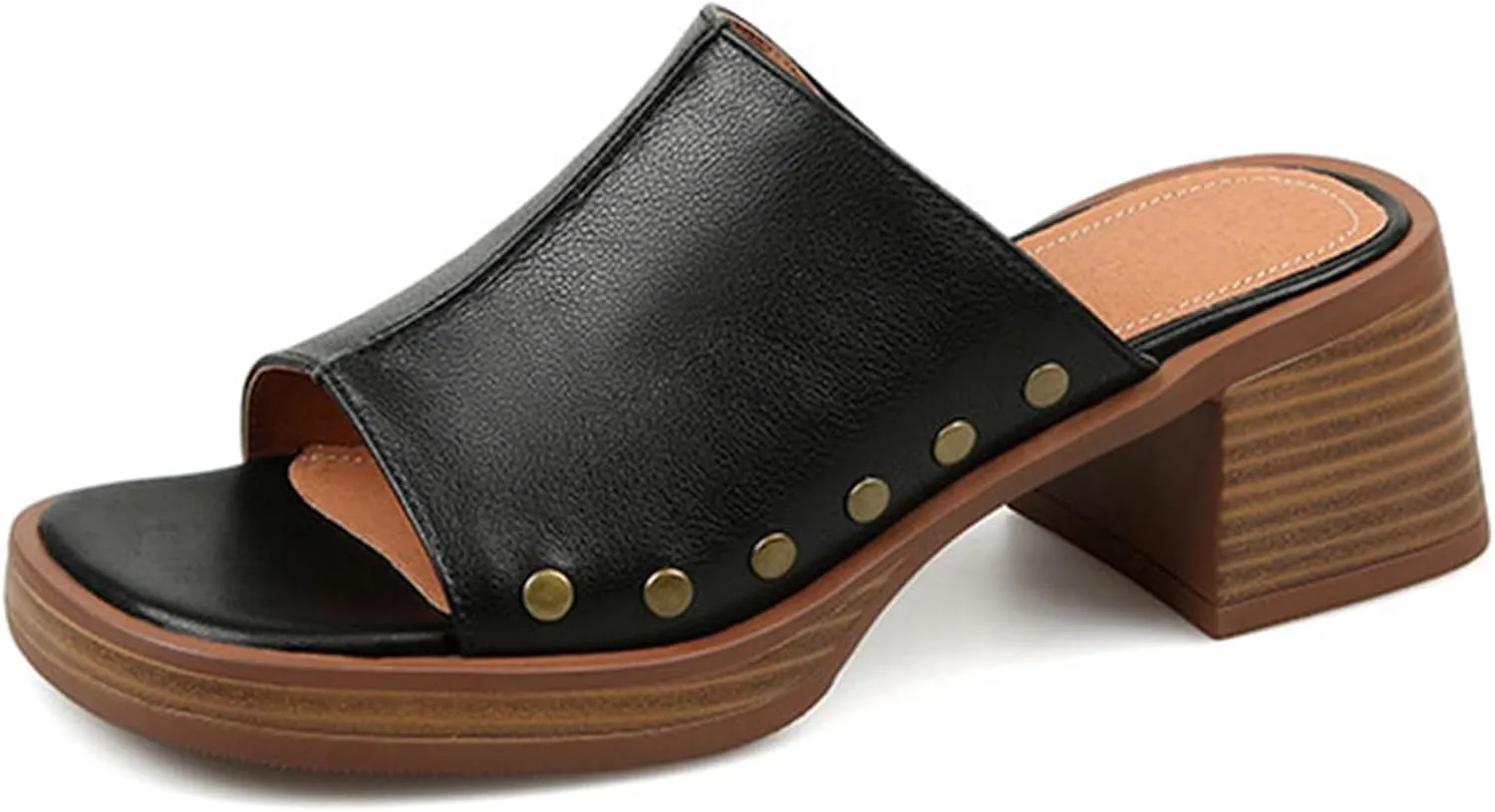 Women's Retro Platform Wedge Sandals,Comfort Buckless Slip On Square Open Toe High Heels Rivets Casual Block Heel Sandal
