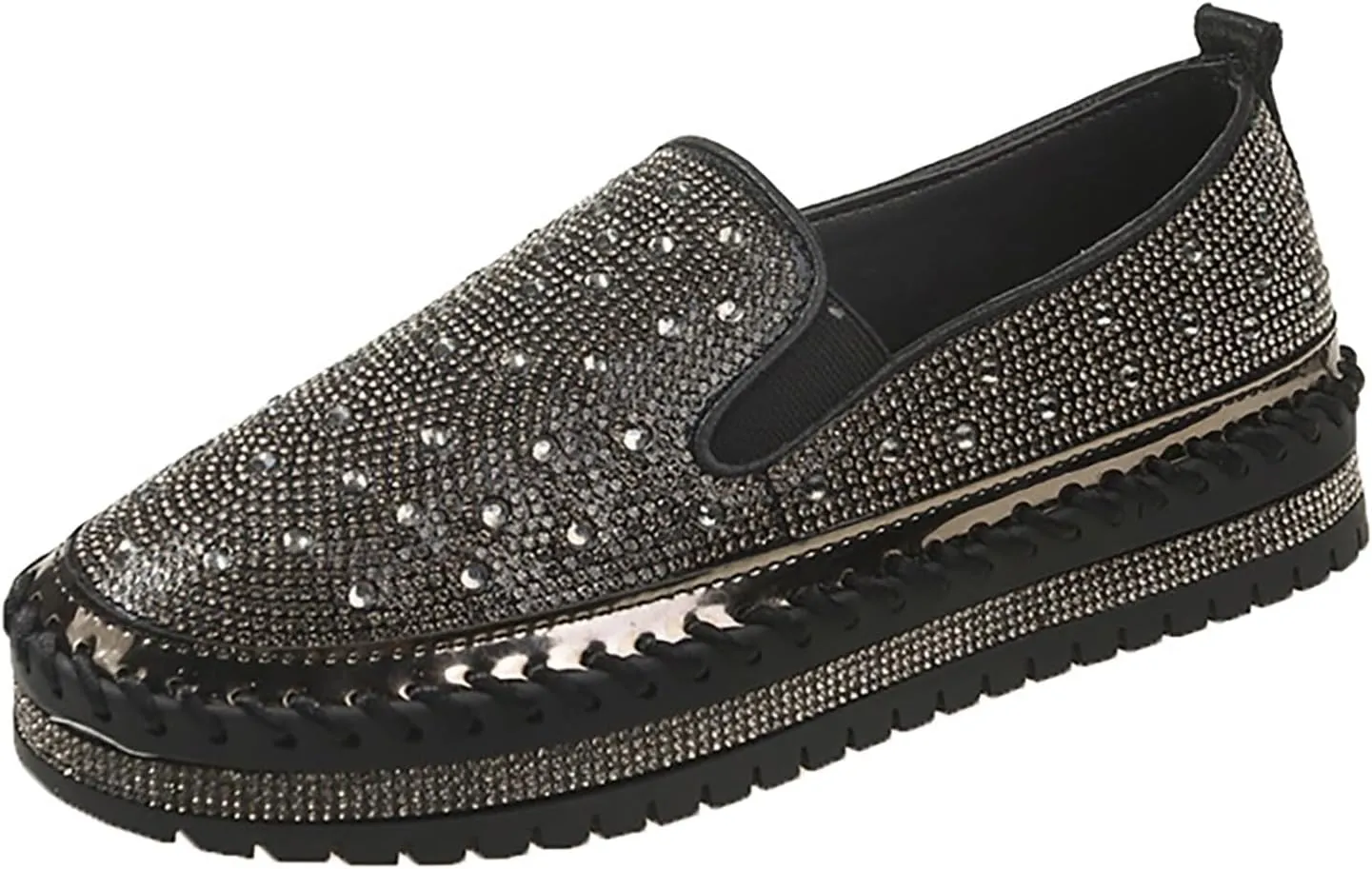 Women's Rhinestone Loafers Soft Thick Bottom Sparkly Banquet Shoes Cushioned Slip-On Ballet Flat Shoes