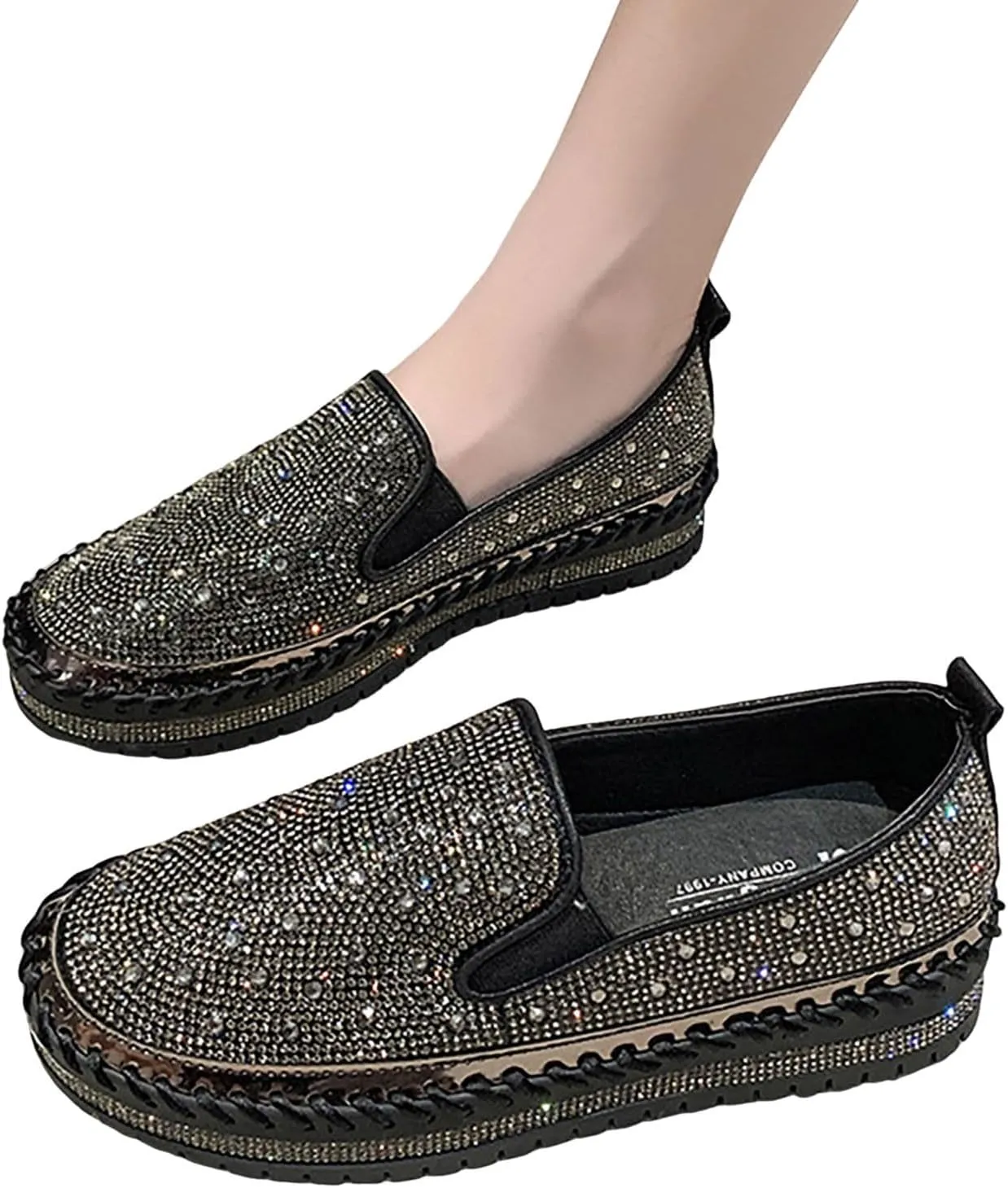 Women's Rhinestone Loafers Soft Thick Bottom Sparkly Banquet Shoes Cushioned Slip-On Ballet Flat Shoes