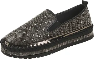 Women's Rhinestone Loafers Soft Thick Bottom Sparkly Banquet Shoes Cushioned Slip-On Ballet Flat Shoes