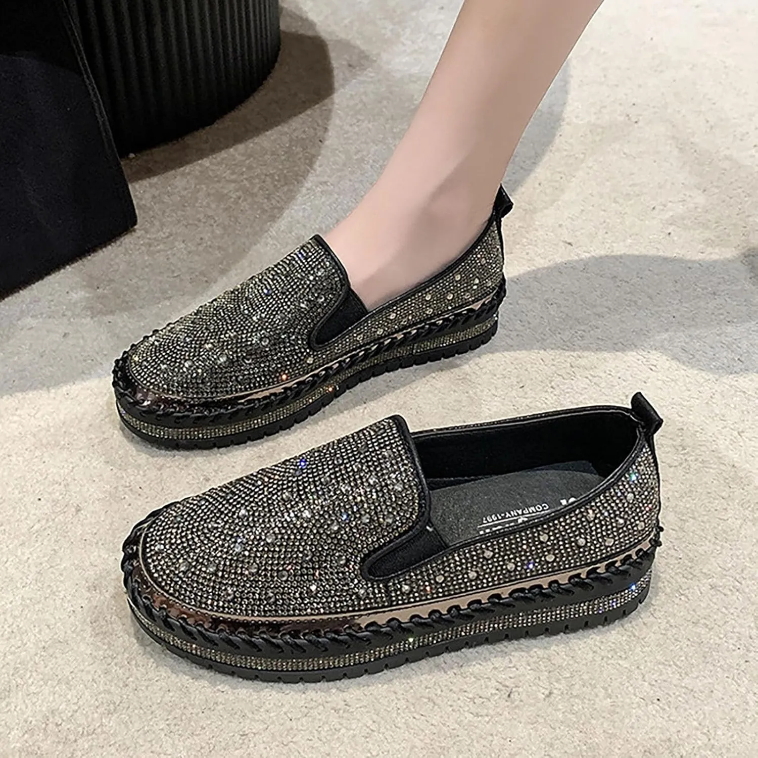 Women's Rhinestone Loafers Soft Thick Bottom Sparkly Banquet Shoes Cushioned Slip-On Ballet Flat Shoes