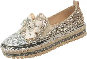 Women's Rhinestones Glitter Bow Platform Loafers,Fashion Casual Slip-On Sequin Shiny Sneaker,Comfort Round Toe Platform Slip On Walking Shoes