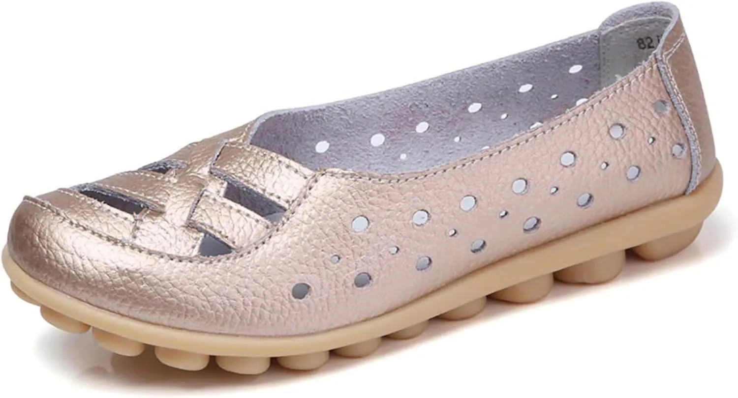 Womens Sandals Fashion Flats Closed Toe Sandals Lightweight Breathable Hollow Out Sandal Comfortable Leather Loafers Cross Walking Flat Shoes Summer Slip-On Shoes