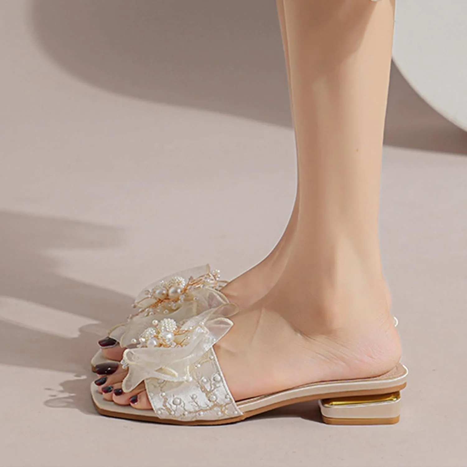 Women's Satin Pearl Bow Open Toe Low Heel Slides Fashion Square Toe Slip On Block Heels Slipper Sandals Sexy Anti-Slip Party Prom Formal Dress Slippers