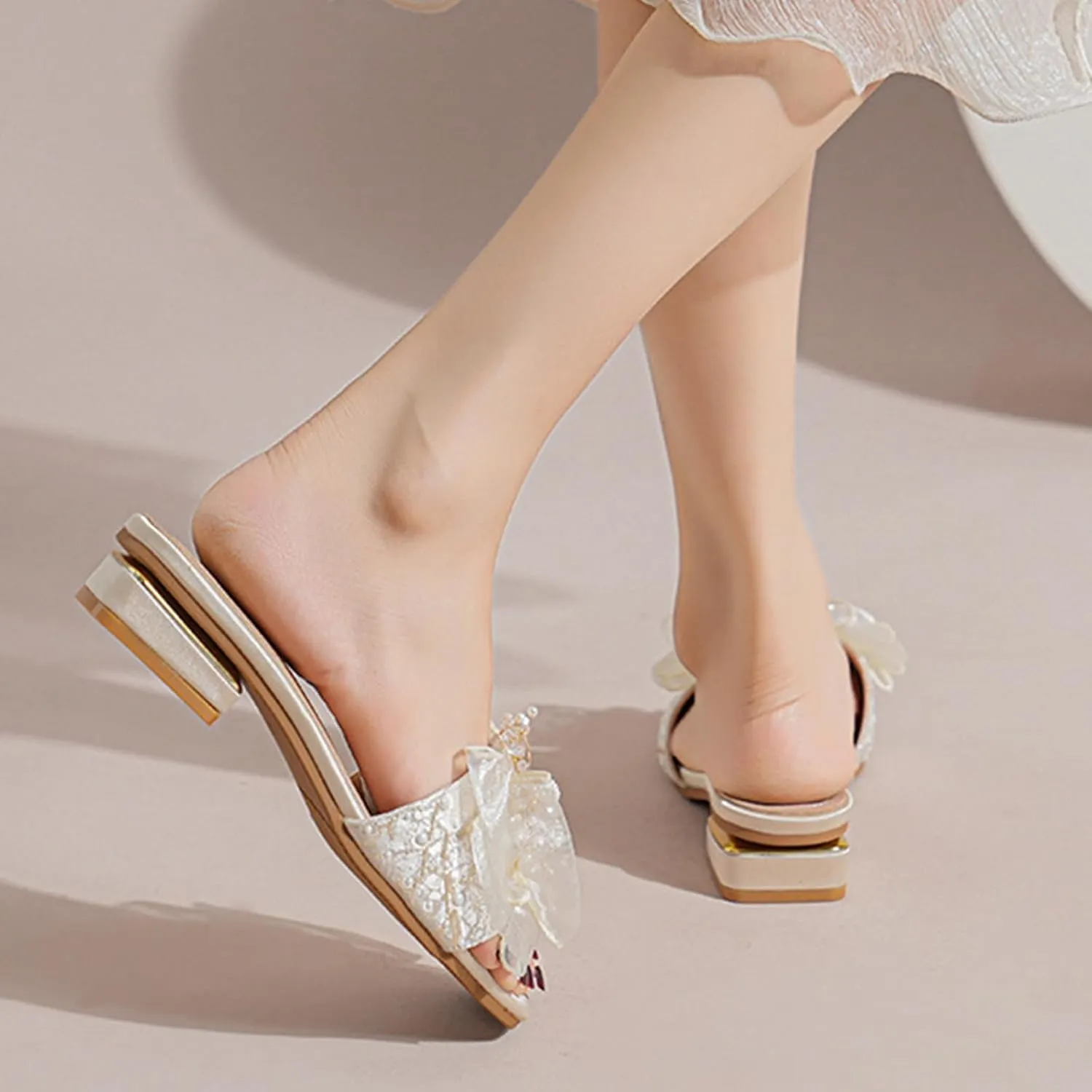Women's Satin Pearl Bow Open Toe Low Heel Slides Fashion Square Toe Slip On Block Heels Slipper Sandals Sexy Anti-Slip Party Prom Formal Dress Slippers