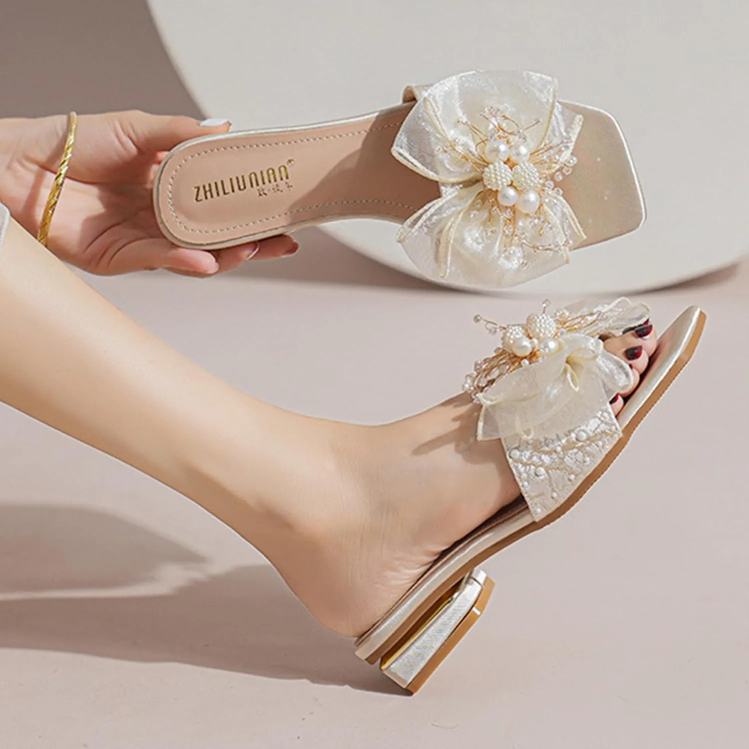 Women's Satin Pearl Bow Open Toe Low Heel Slides Fashion Square Toe Slip On Block Heels Slipper Sandals Sexy Anti-Slip Party Prom Formal Dress Slippers