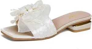Women's Satin Pearl Bow Open Toe Low Heel Slides Fashion Square Toe Slip On Block Heels Slipper Sandals Sexy Anti-Slip Party Prom Formal Dress Slippers