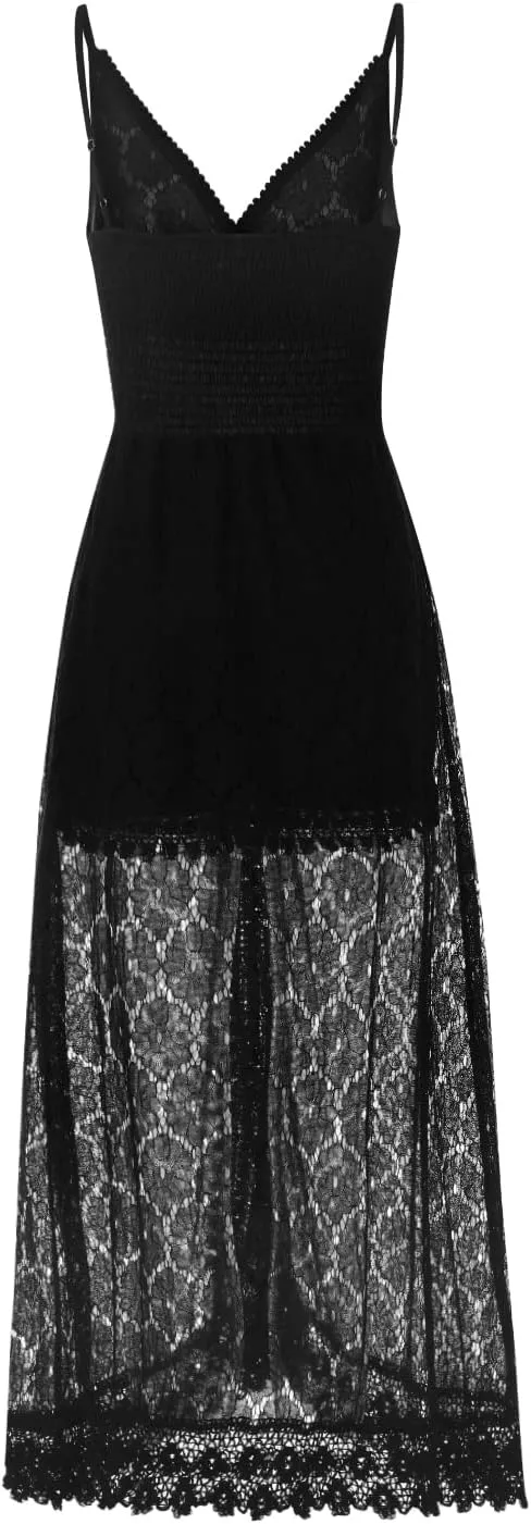 Women's Spaghetti Strap Deep V Neck Lace Hem Maxi Dresses Sleeveless Backless Boho Tassel Beach Ruffle Swing Dresses