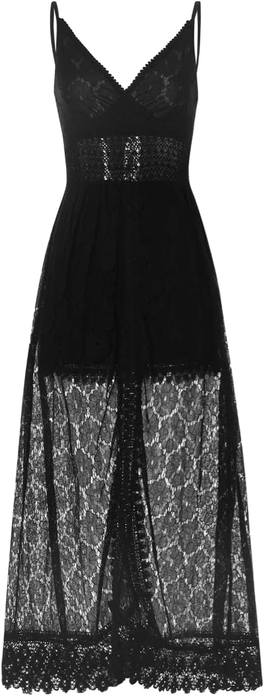 Women's Spaghetti Strap Deep V Neck Lace Hem Maxi Dresses Sleeveless Backless Boho Tassel Beach Ruffle Swing Dresses